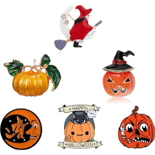 Happy Halloween Get Angry Evil Pumpkin Pins Witch Broom Moon Stars Cat Thinking Ghost Brooches Holiday Gifts Accessories