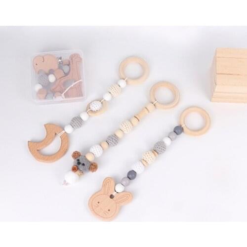 1set Animals Wooden Pendant Baby Play Gym Wooden Teether Toys Baby Birth Gift F3ME