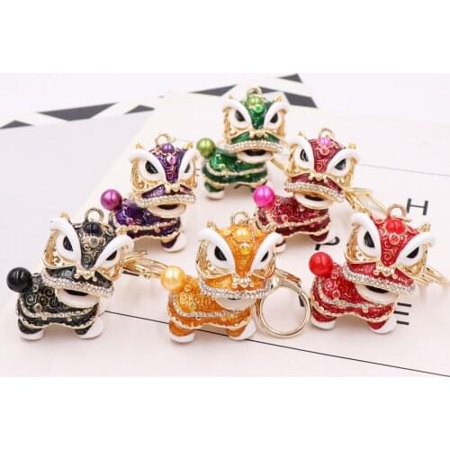 2020 Wholesale Chinese Style Dance Lion Rhinestone Keyrings Key Chains Holder Purse Bag for Car Creative Gift Keychains Jewelry