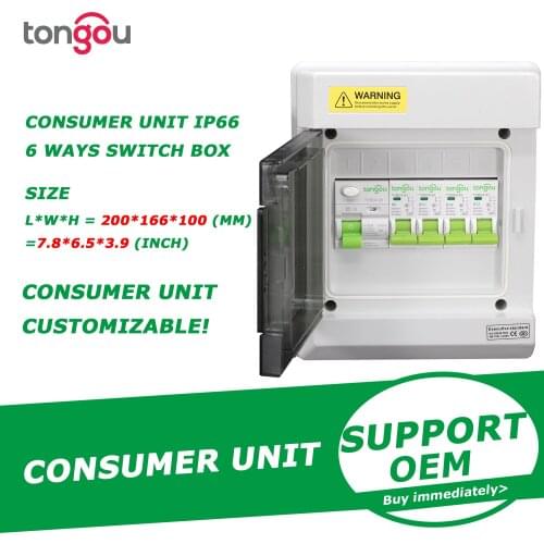 Consumer Unit IP66 6 Ways Fuse Box Switch Box Fitted with RCD 63Amp 30mA + 1X6Amp, 1X10Amp, 1X16Amp & 1X32Amp MCBs