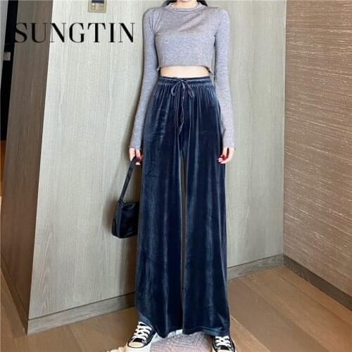 Sungtin New High Waist Casual Velvet Pants Women Wide Leg Trousers Streetwear Oversized Korean Drawstring Loose Pants 5 Colors