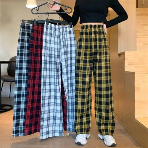 Fashion Plaid Pants Women Summer Wide Leg Trousers Female Korean Style High Waist Checkered Pajama 2021 Spring Harajuku Pants