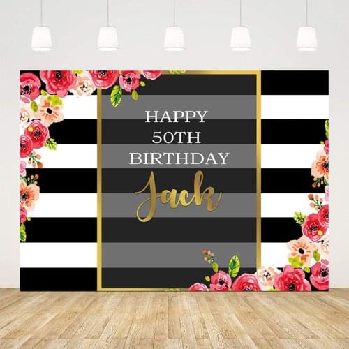 Happy 50th birthday party decoration customize black and white stripe texture flower photo background studio kids backdrop prop
