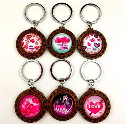 Jiangzimei 24pcs New Design Red Love,rose heart 25mm glass Cabochon flowers retro style Wood Keychain for women and girls