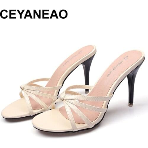 CEYANEAOSummer New Fashion Women Mules High Heels Modern Slippers Sexy Thin heels Sandals Open-toed Heel High Quality Shoes Size