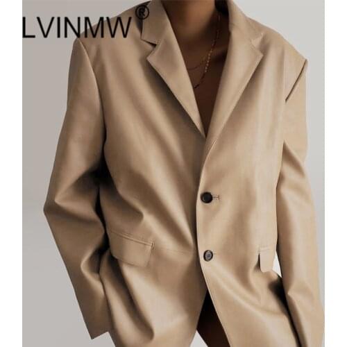 LVINMW Solid Office Lady Fashion Notched Blazers Women Button Up Temperament Loose Long Sleeve Coats PU Leather Designed Tops