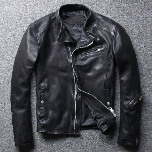 2021Genuine Leather Jacket Mens Sheepskin Short Slim Leather Jacket Motorcycle Leather Jacket