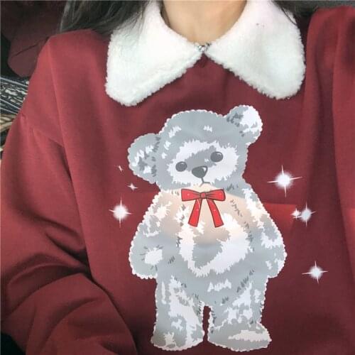 New Autumn Hoodie Women College Style Hoodie Cartoon Bear Print Hoodie Cute Doll Collar Pullover Loose Long Sleeve Pullover