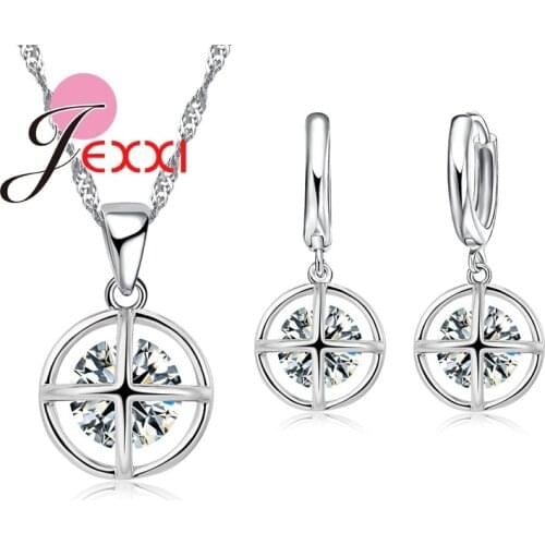 Simple Round Shape Cubic Zircon Crystal Party Statement Necklace Hoop Earring Set For Woman 925 Sterling Silver Jewelry