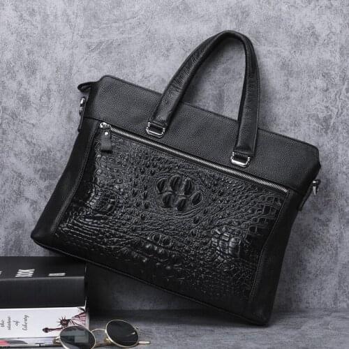 Luxury cowhide crocodile pattern briefcase business bags fashion genuine leather mens laptop bag handbag male shoulder bag