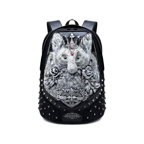 3D Embossed Men Backpack Travel Punk Rock Backpack Grimace Pattern Owl Skull Fox Lion Pattern Backpack Funny School Shoulder Bag