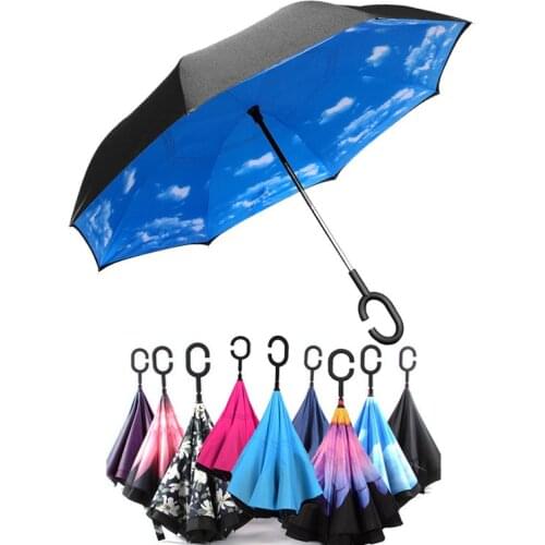 Windproof Reverse Folding Double Layer Inverted Chuva Umbrella Self Stand Rain Protection C-Hook Hands For Car U3