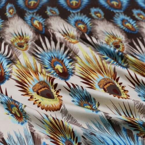 Vintage Craft Peacock Feather Ethnic Print Charmeuse Fabric Cloth Scarf Ribbon Satin Polyester