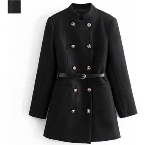 2021 Autumn And Winter New European Women Stand-up Collar Double-breasted Fashion Casual Belted Woolen Coat Female Outerwear
