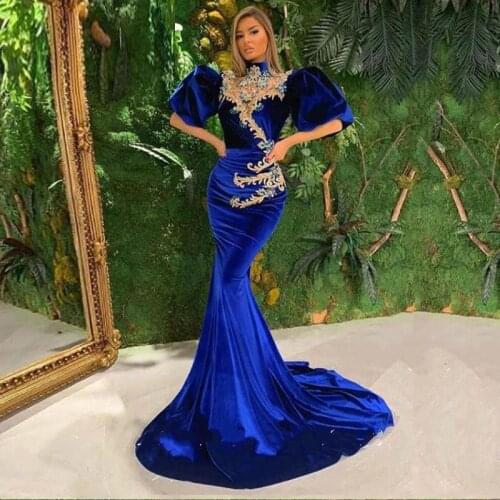 Royal Blue Velvet Evening Mermaid Dress High Neck Lace Appliques Lady Formal Prom Gown Robe De Soiree Celebrity Vestidos Fiesta