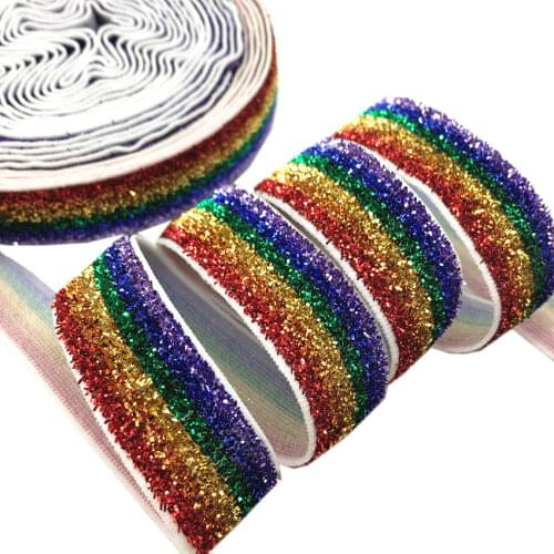 20yards 2 colors High Quality 5/8" Glitter Elastic Ribbon Rainbow Glitter Fold Over Elastic for DIY Hair Accessories Gift Ribbon