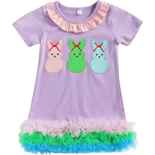 Citgeett Summer Easter 3-7Years Kids Girls Outfit Sweet Style Short Sleeve Bunny Pattern Lace Hemline Dress Clothes