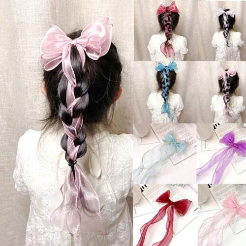 Kids Girls Princess Hair Clips Sweet Shiny Long Ribbon Streamer Bow Hairpin Ponytail Braid Holder Hairgrips Barrette