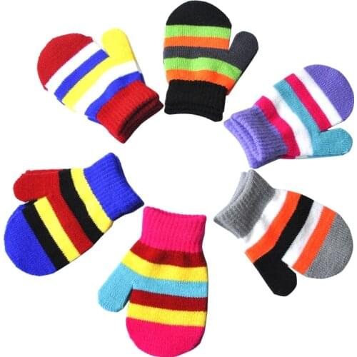 Childrens Winter Warm Knitted Gloves For 1-4years Baby Thickened Kids Baby Stripe Mittens Outdoor Sports Soft and Comfortable