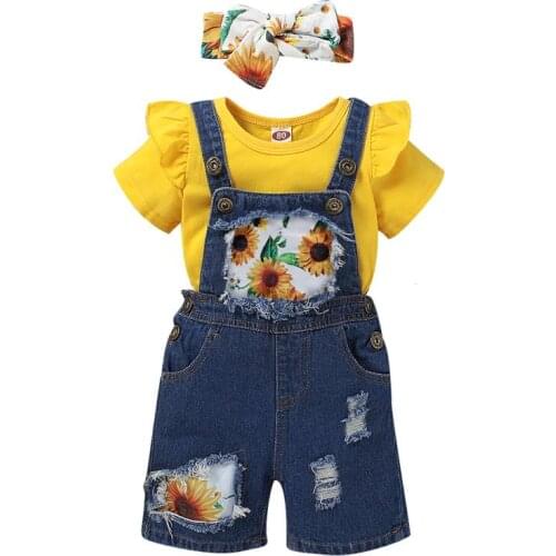 Girl Kids Clothers Suit Solid Color Short Fly Sleeve T-shirt with Sunflower Printed Suspender Jeans Headband Chidlren Clothing