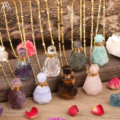 Faceted Natural Roses Amethysts Quartz Chalcedony Amazonite Stone Perfume Bottle Essential Oil Duffuser Pendant Necklace Jewelry
