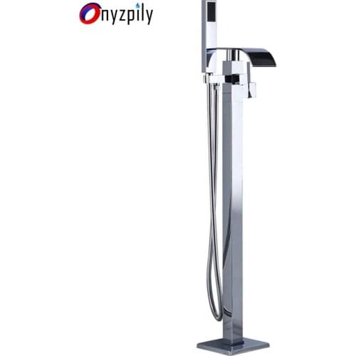 Chrome Tub Tap Bathroom Floor Mounted Free Standing Tub Filler Spout Flexible Handheld Shower Cold and Hot Single Handle