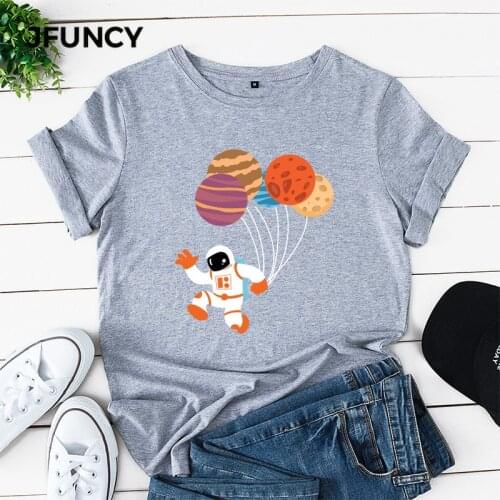 JFUNCY 2021 Spring Summer Plus Size Tee Tops Womens Cotton T-shirt Cartoon Astronaut Balloons Print Shirts Casual Woman Tshirts