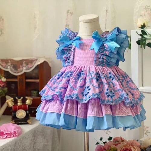 2PCS Summer Spanish Lolita Vintage Princess Pink Plaid Lace Bow Sleeveless Ball Gown Dress For Baby Girl Birthday Party Turkey