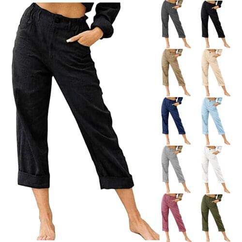 Summer Womens Pants Cotton Linen Pants Drawstring Back Elastic Waist Pants Casual Trousers 2021 Fashion Ladies штаны оверсайз