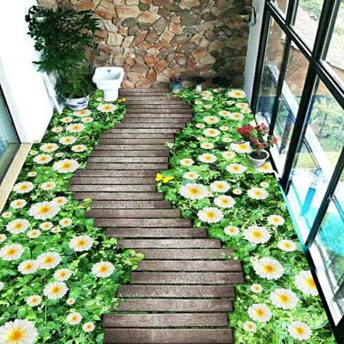 Custom Mural Wallpaper 3D Flowers Path Wooden Bridge Floor Tiles Painting Sticker Balcony Living Room PVC Waterproof Wall Papers