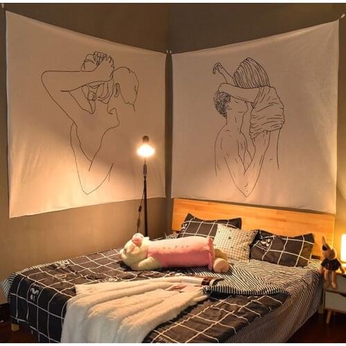 Wall Hanging Tapestry Aesthetic Simple Black White Hand Drawn Macrame Napkin Dorm Apartment Decoration Indoor Rectangle Tapestry