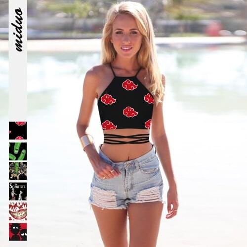 New Summer Sexy Cartoon Red Cloud Printed Girl Vest Tanks Slim Fitness Cross Bandage Women Camis Crop Tops Streetwear