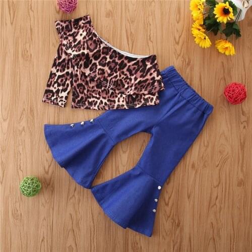1-6 Years Fashion Kids Girl Clothes Leopard Printed Off-Shoulder Crop Tops+Flared Denim Pants Outfits
