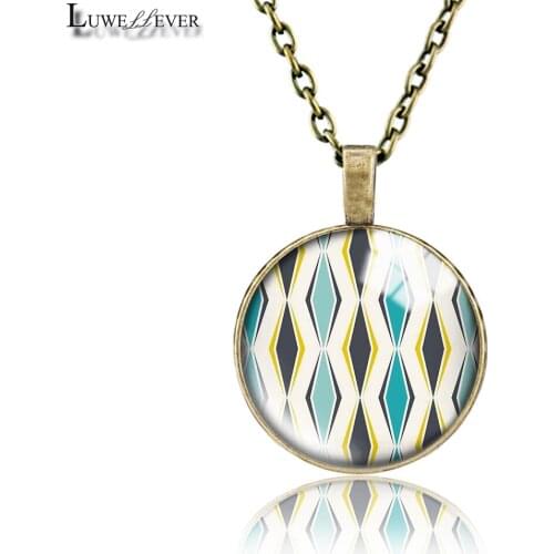 Geometric Pattern Necklace 735 25mm Bronze Wood Rhinestone Double-sided Moon Round Glass Pendant For Women Gift