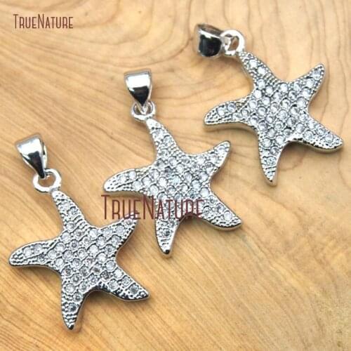 10Pcs Copper Pendant Clear Zircon Micro Inserts Sliver Plated Sea Star Pendant 21x12.5mm PM15681