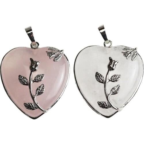 Rose Flower Crystal Heart Pendant Necklaces Reiki Healing Crystals Stone Natural Gemstones Quartz Necklace Jewelry for Women