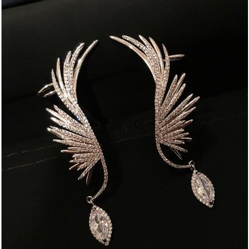 New Luxury S925 Silver Ear Post Full Cuff Clip Earring Fashion Micro Mosaic Top CZ Feather Earrings For Women INS Jewelry