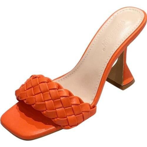 New Design Weave Slippers Spike Heel Women High Heels Fashion Square Toe Ladies Shoes Cross-Strap Summer Sandals