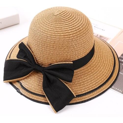 Womens Summer Korean Version of The Big Brim Hat Outdoor Travel Vacation Sun Shade Straw Hat Bow Foldable Beach Hat