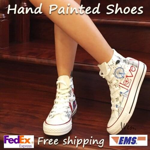 Wen Original White Hand Painted Shoes Design Custom London Landmarks Men Womens High Top Canvas Sneakers For Girls Boys