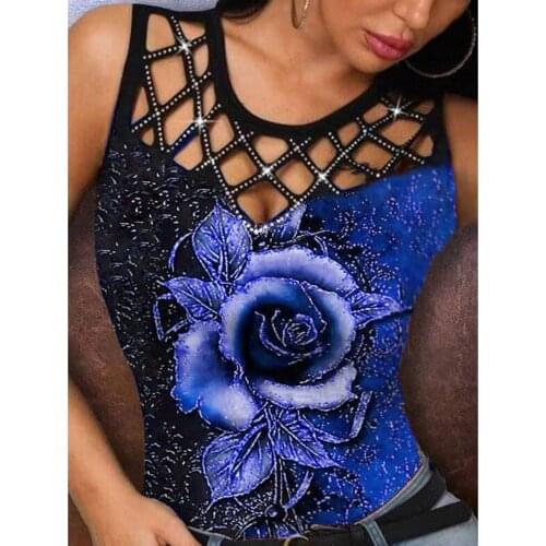 Harajuku Sexy Blouse Tank Womens Vintage Rose Prints Rhinestone Hollow Out Sleeveless Tops Summer Casual Lace Shirts Blouse