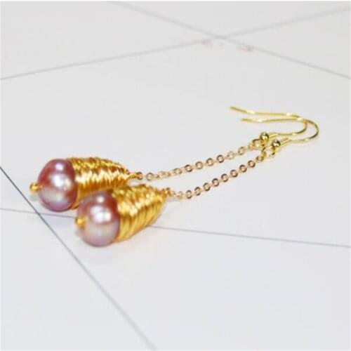 12-15mm Purple Baroque Pearl Earrings Gold Ear Drop Dangle Women Jewelry Wedding Party Aurora Luxury AAA Cultured Accessories