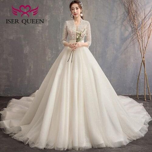 Sexy Backless Short Sleeves 2021 Wedding Dress For Women Heavy Small Pears Beaded Train Wedding Gown A line Bride Dresses WX0045