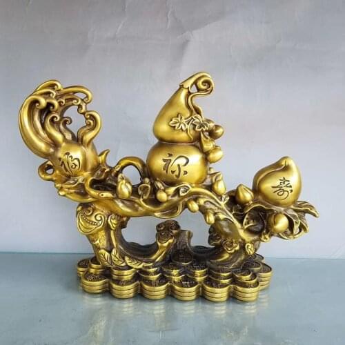 12" Chinese Seikos Bronze Fu Lu Shou Ruyi Buddha Statue Gourd Lotus Ruyi Happy life Everything goes well Lucky fortune