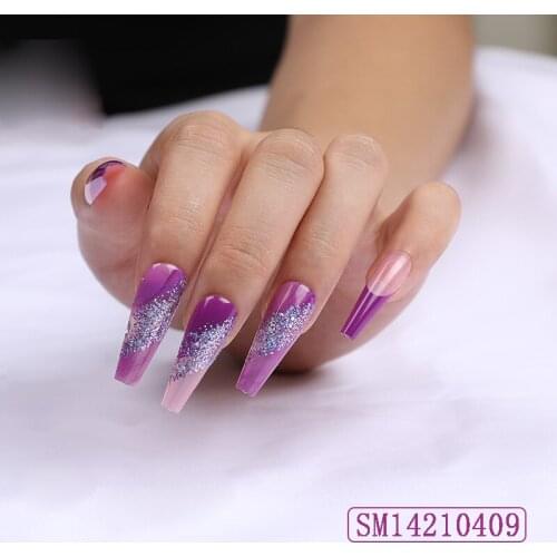 24pcs Purple Nail Patch Glue Type Removable Long Paragraph Fashion Manicure Save Time False Nail Patch SK88