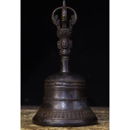 Home Decor 7" Tibet Buddhism Temple Old Bronze Guanyin Bodhisattva Buddha Head Buddha Statue Old rattle Buddhist buddha bell