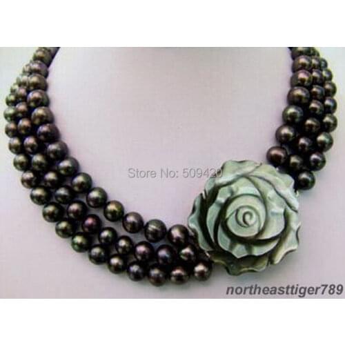 Free Shipping >>>>3 Rows 8-9mm Real Black Pearl Shell Flower Clasp Necklace