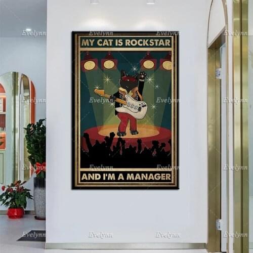 Black Cat Lovers My Cat Is Rockstar And I'm A Manager Funny Retro Poster Rock Music Lovers Wall Art Home Decor Canvas Gift
