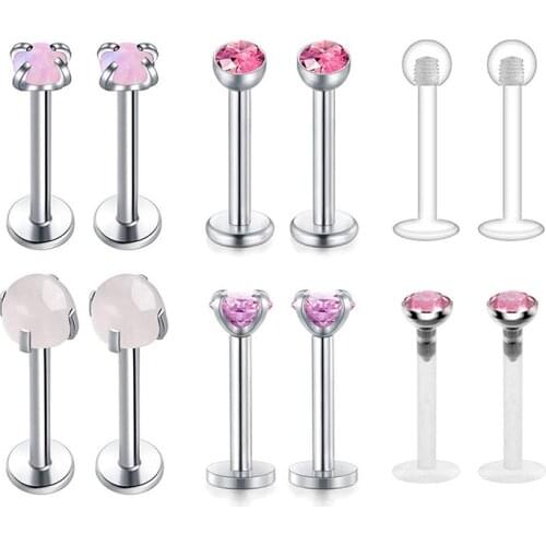 JFORYOU Tragus Earring 12pcs 16G Surgical Steel & Opal CZ Nature Stone Lip Labret Helix Cartilage Conch Studs Piercing Jewelry