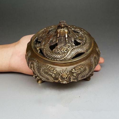 Chinese handmade antique bronze zodiac 5 dragons Tap the lid Incense Burner censer